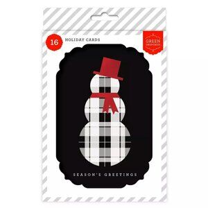 Christmas Snowman Greeting Card Green Inspired Black Plaid 16 Count